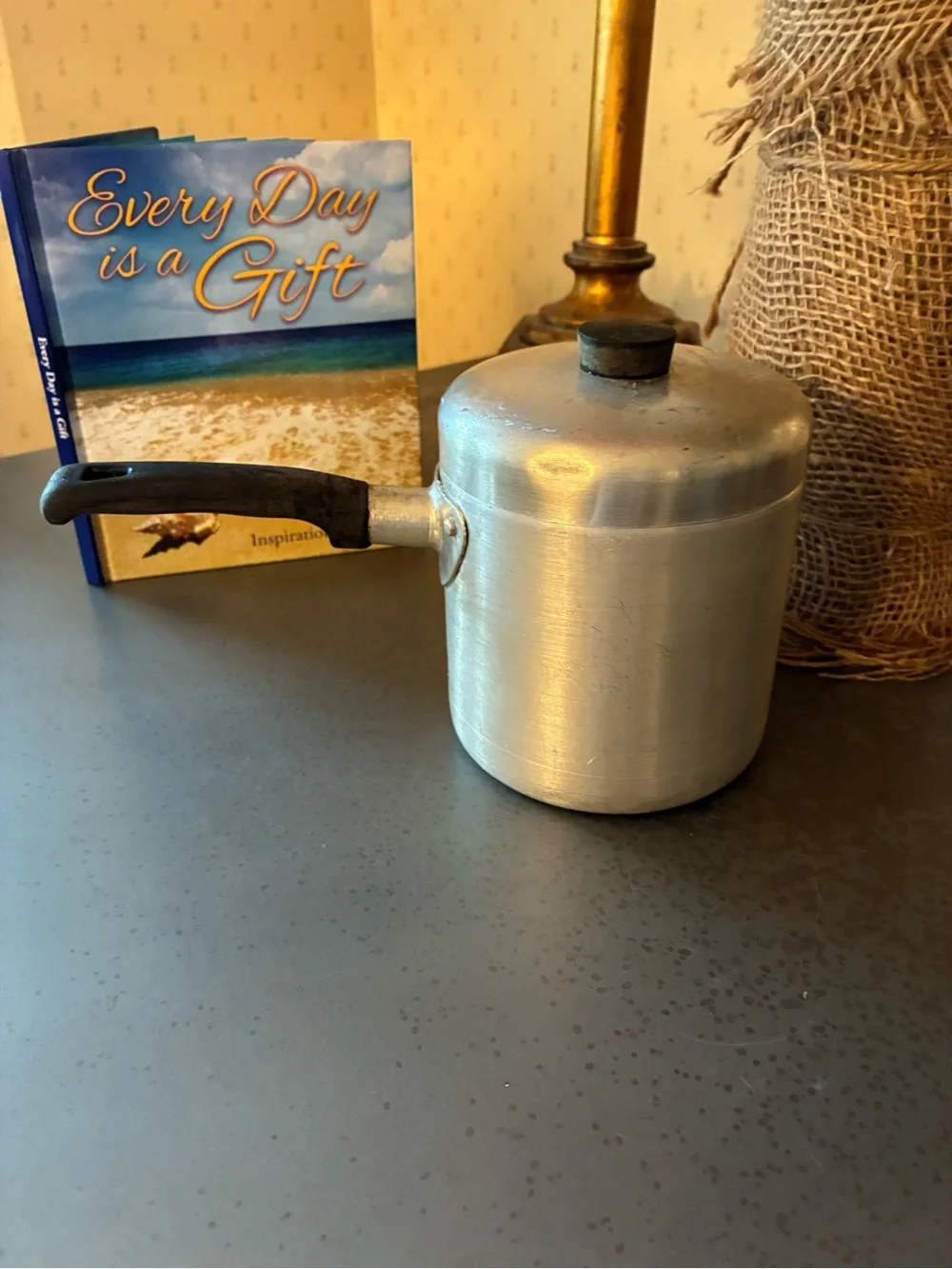 Vintage, SILVER Aluminum GREASE canister with strainer insert. 4.25 BLACK handle